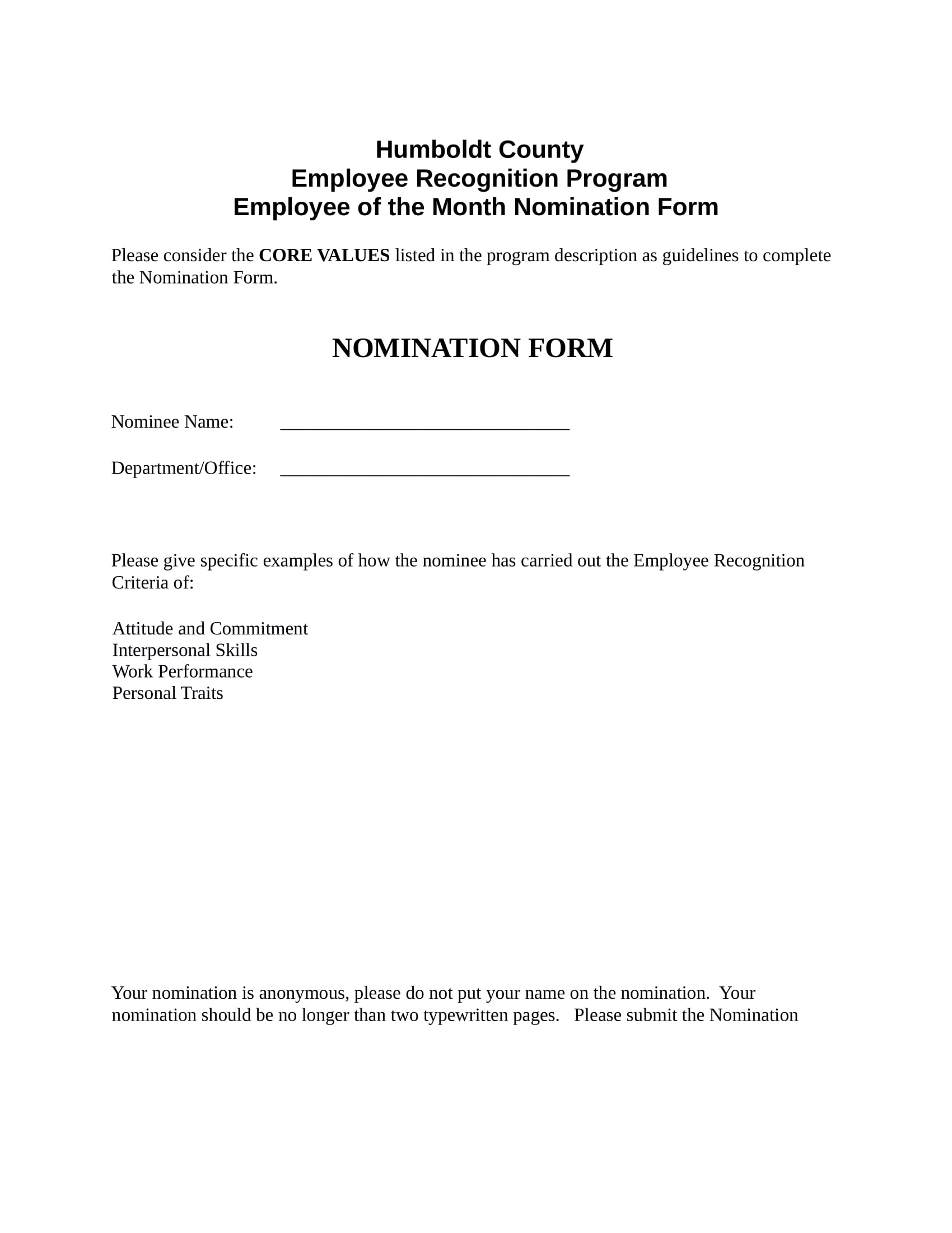 employee nomination sample