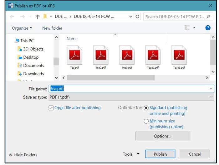 how to sdave a publisher file as a pdf